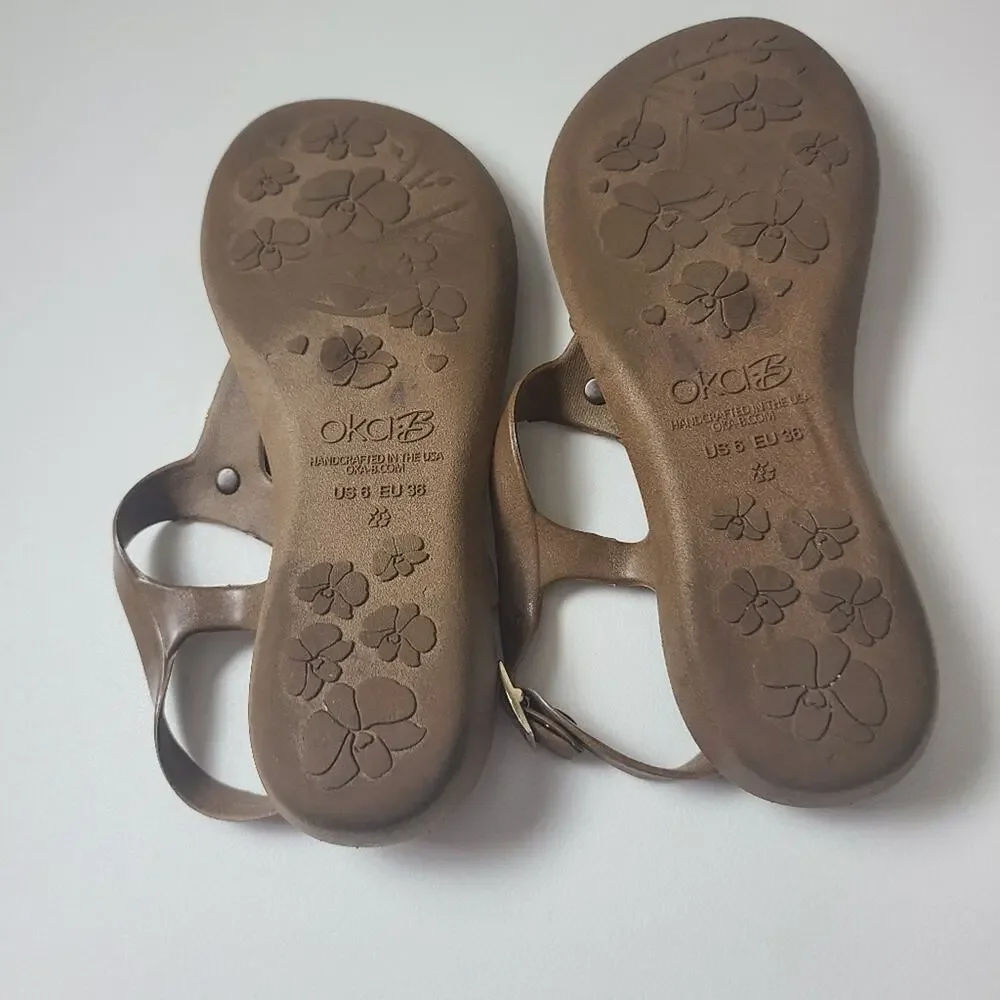 OkaB Leopold Button Sandals Brown Animal Print Ankle Strap Flats Arch Support 6